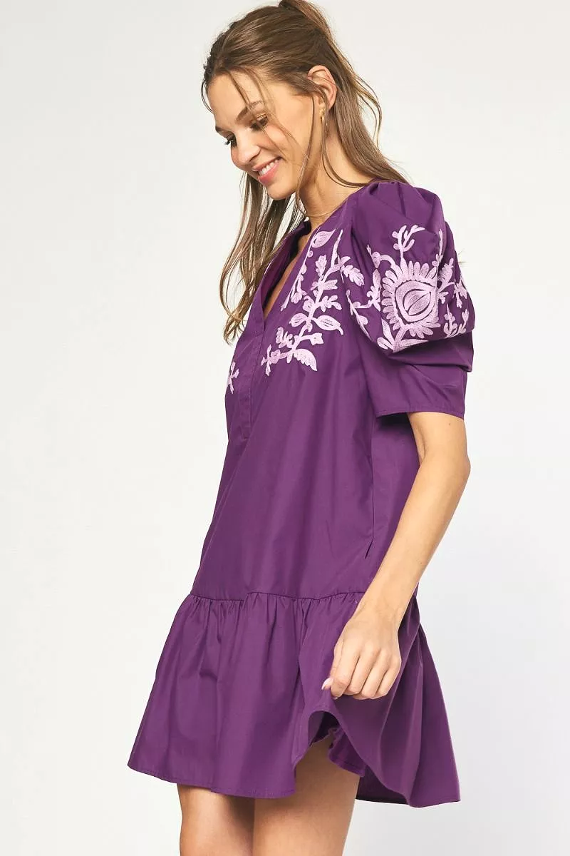 Floral Embroidered Short Sleeve V-neck Mini Dress