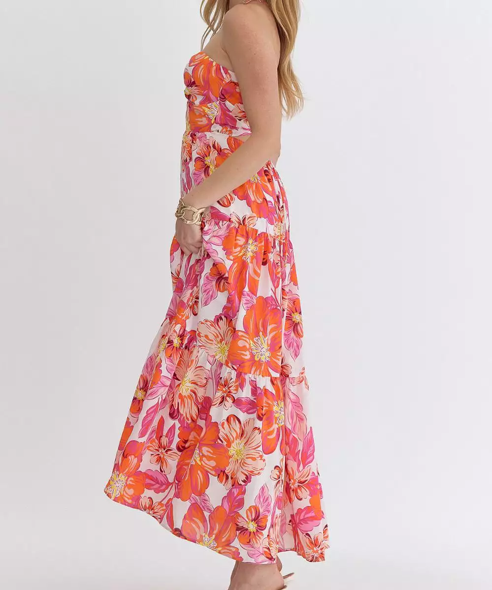 Floral Halter Neck Maxi Dress - Orange