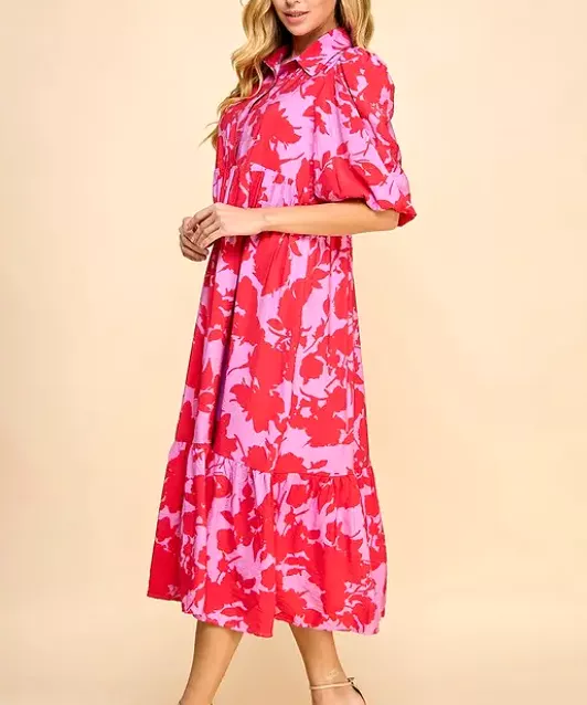 Floral Midi Dress - Red