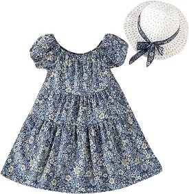 Floral Print Dress Princess Dress with Hat 7-8Y X4455666