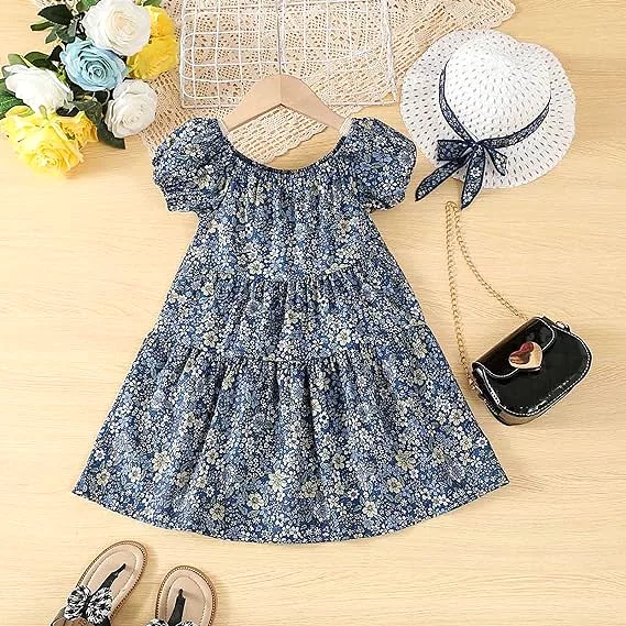 Floral Print Dress Princess Dress with Hat 7-8Y X4455666