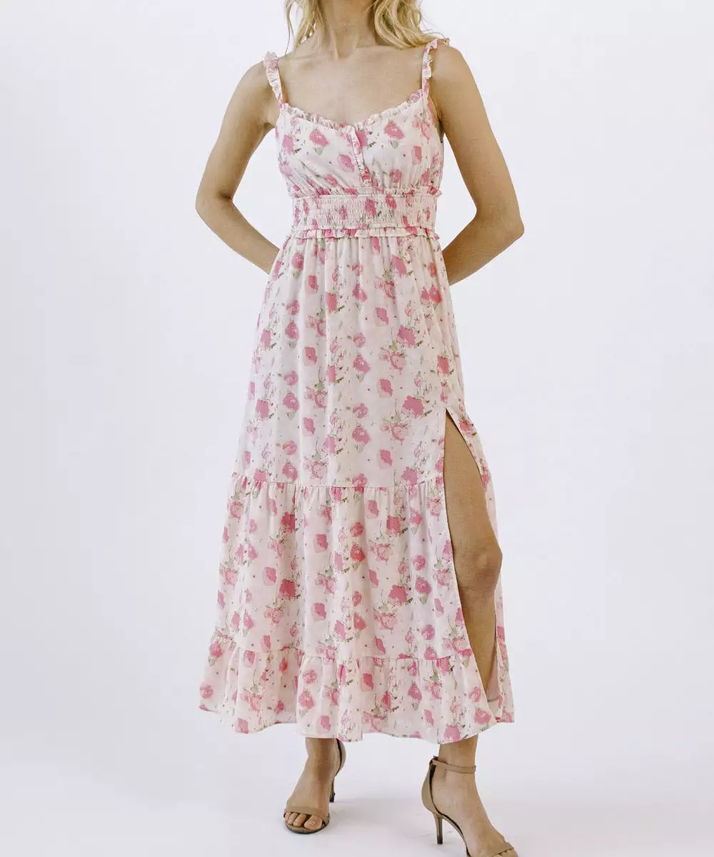 Floral Print Sleeveless Dress with Slit - Pink Floral