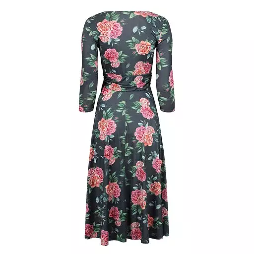 Forest Green Pink Floral Print 3/4 Sleeve Crossover Top Vintage Swing Dress