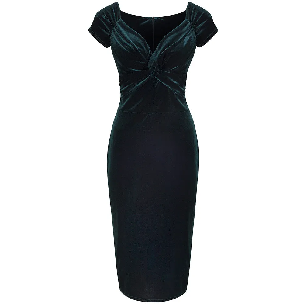 Green Velour Crossover Wiggle Dress