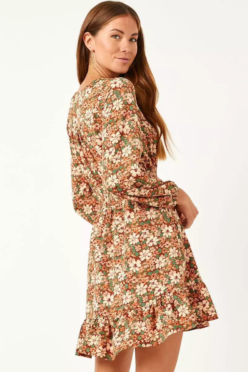 Hayden Floral Print Smocked Waist Button Detail Dress