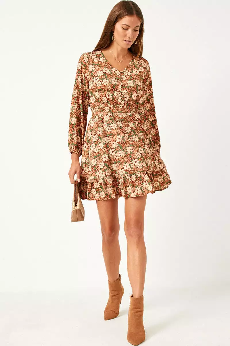 Hayden Floral Print Smocked Waist Button Detail Dress