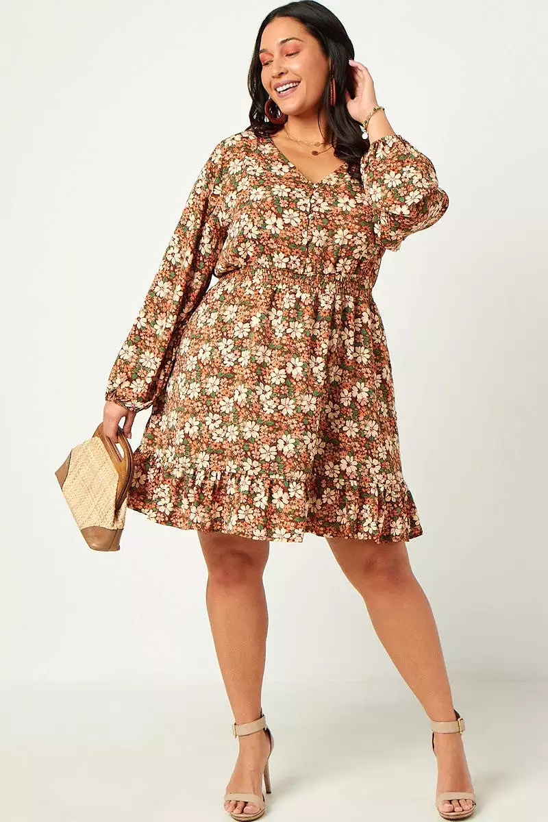 Hayden Floral Print Smocked Waist Button Detail Dress