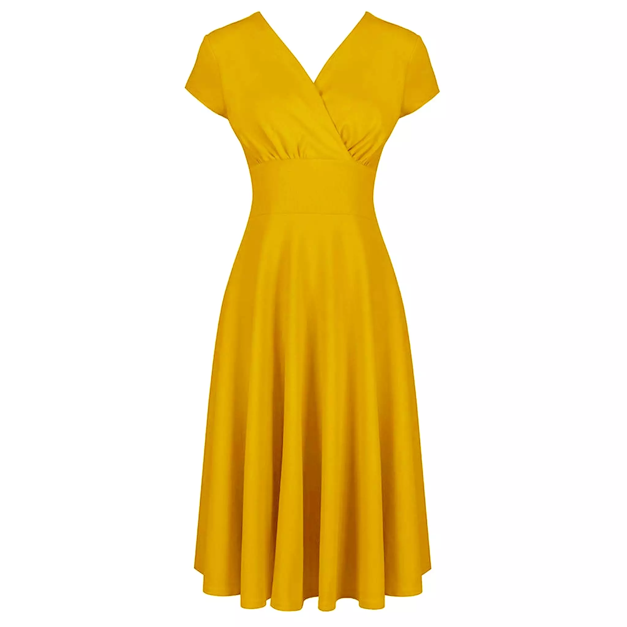 Honey Yellow A Line Vintage Crossover Capped Sleeve Swing Dress