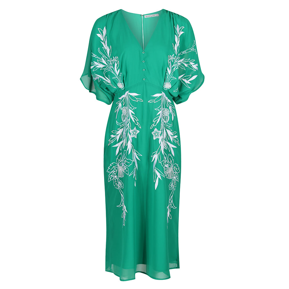 Hope & Ivy Green & White Plunge V Neck Flutter Sleeve Embroidered Midi Dress