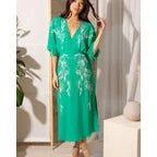 Hope & Ivy Green & White Plunge V Neck Flutter Sleeve Embroidered Midi Dress