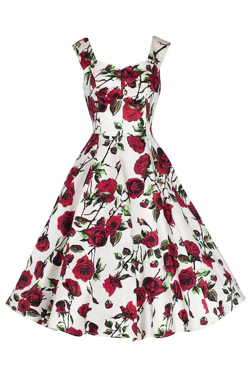 Ivory White and Red Rose Vintage Rockabilly Swing Dress