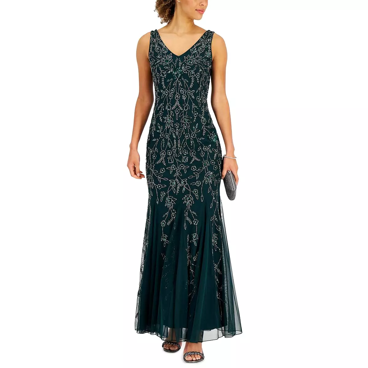 JKara Womens Mesh Embellished Evening Dress