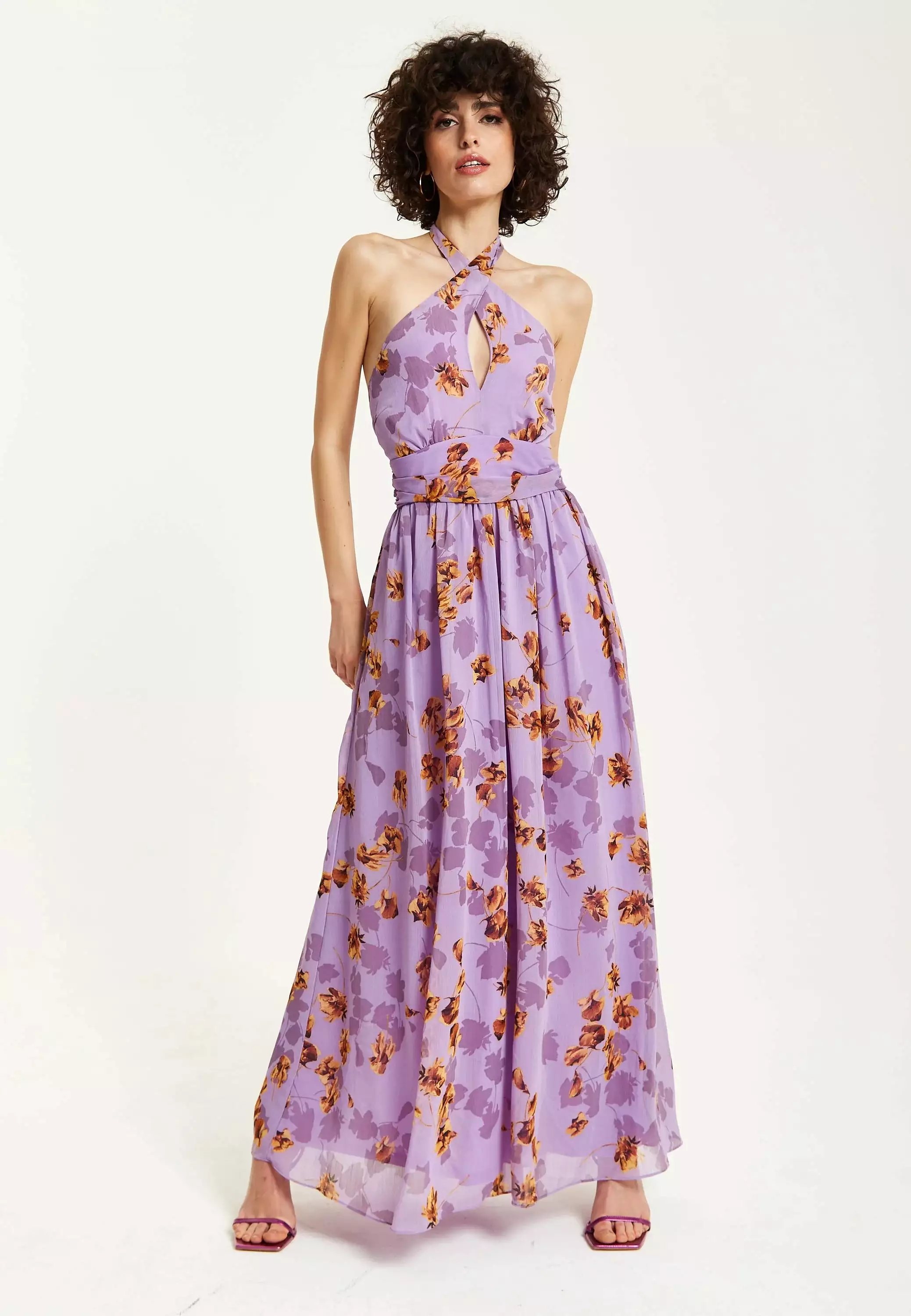 Liquorish Purple Floral Halter Neck Dress