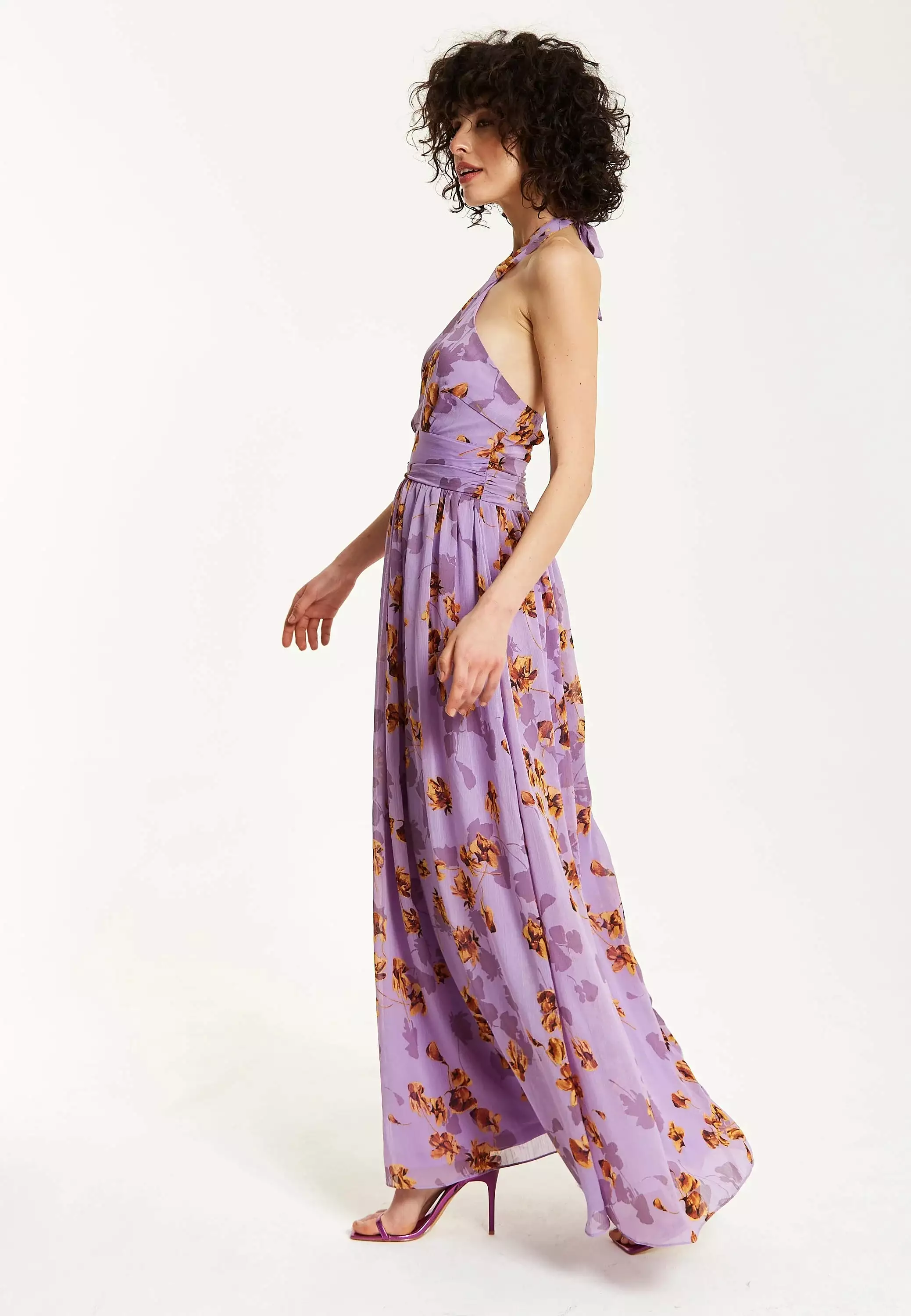 Liquorish Purple Floral Halter Neck Dress