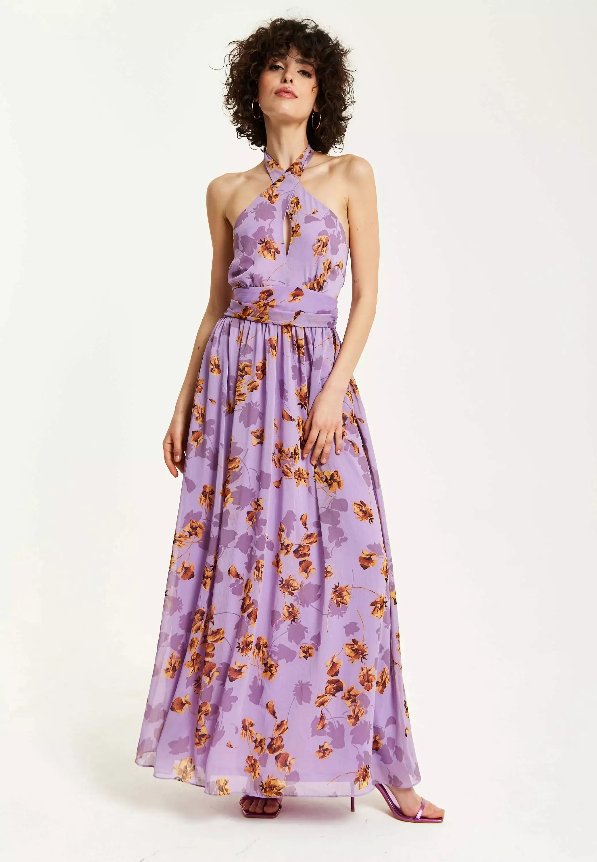 Liquorish Purple Floral Halter Neck Dress