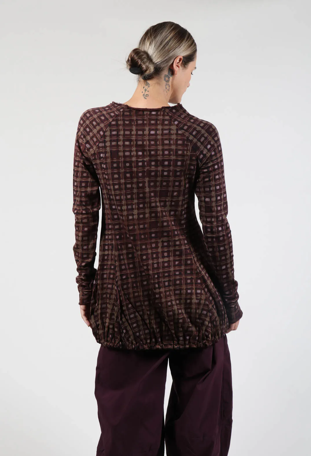 Long Sleeve Top with Gathered Hem in Bronze Check