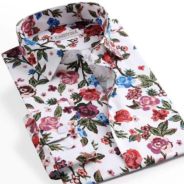 Men's Beach Floral Printed Hawaiian Pocket Less Long Sleeve Shirts