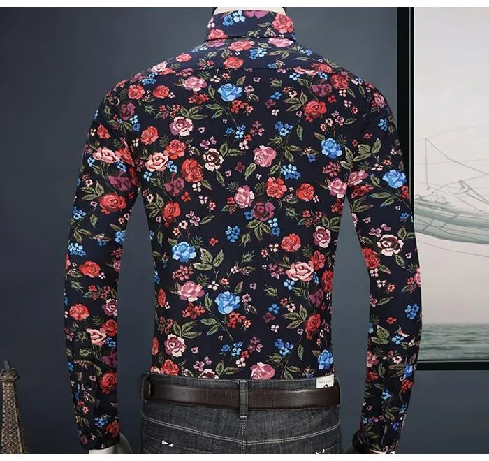 Men's Beach Floral Printed Hawaiian Pocket Less Long Sleeve Shirts