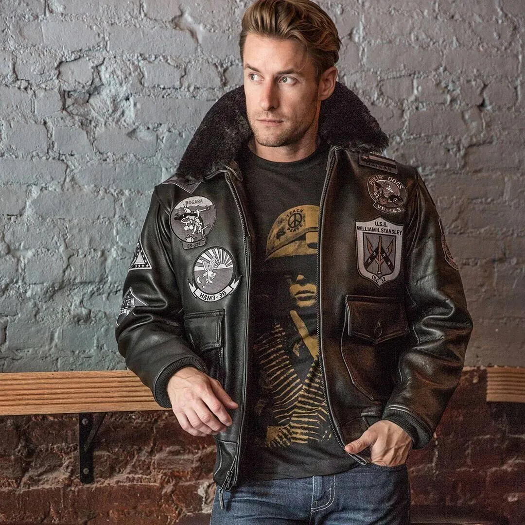 Men's black cockpit leather aviator jacket \z21w106\