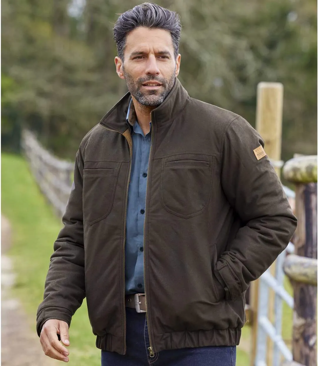 Men's Brown Quilted Faux-Suede Jacket - Water-Repellent