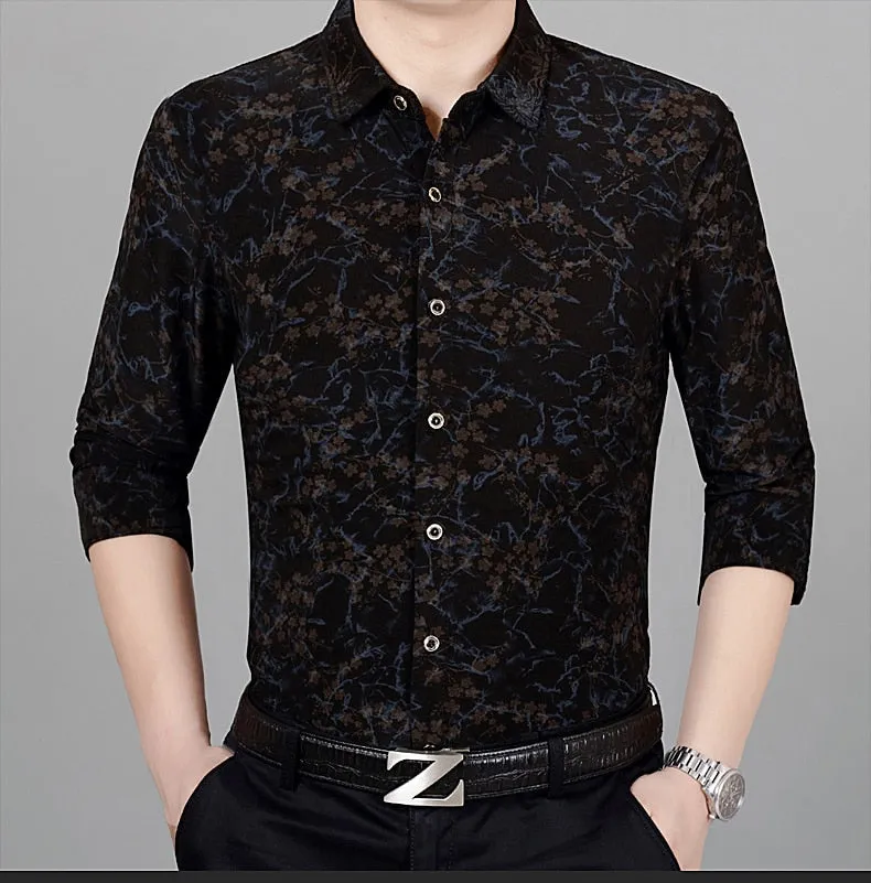 Men's Casual Korean Fashion Floral Printed Luxury Long Sleeve Shirt