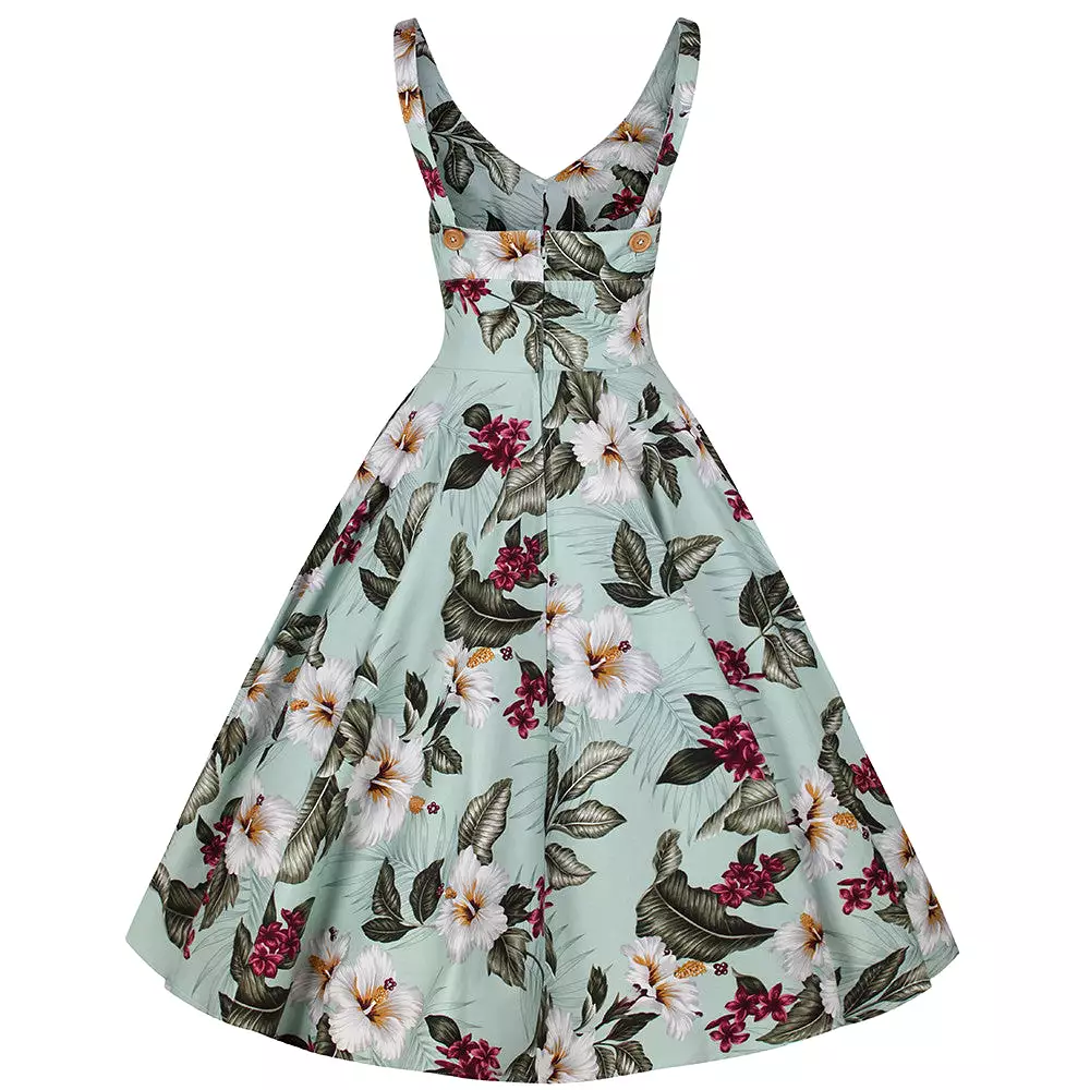 Mint Green Retro Vintage Floral Print Summer 50s Swing Dress