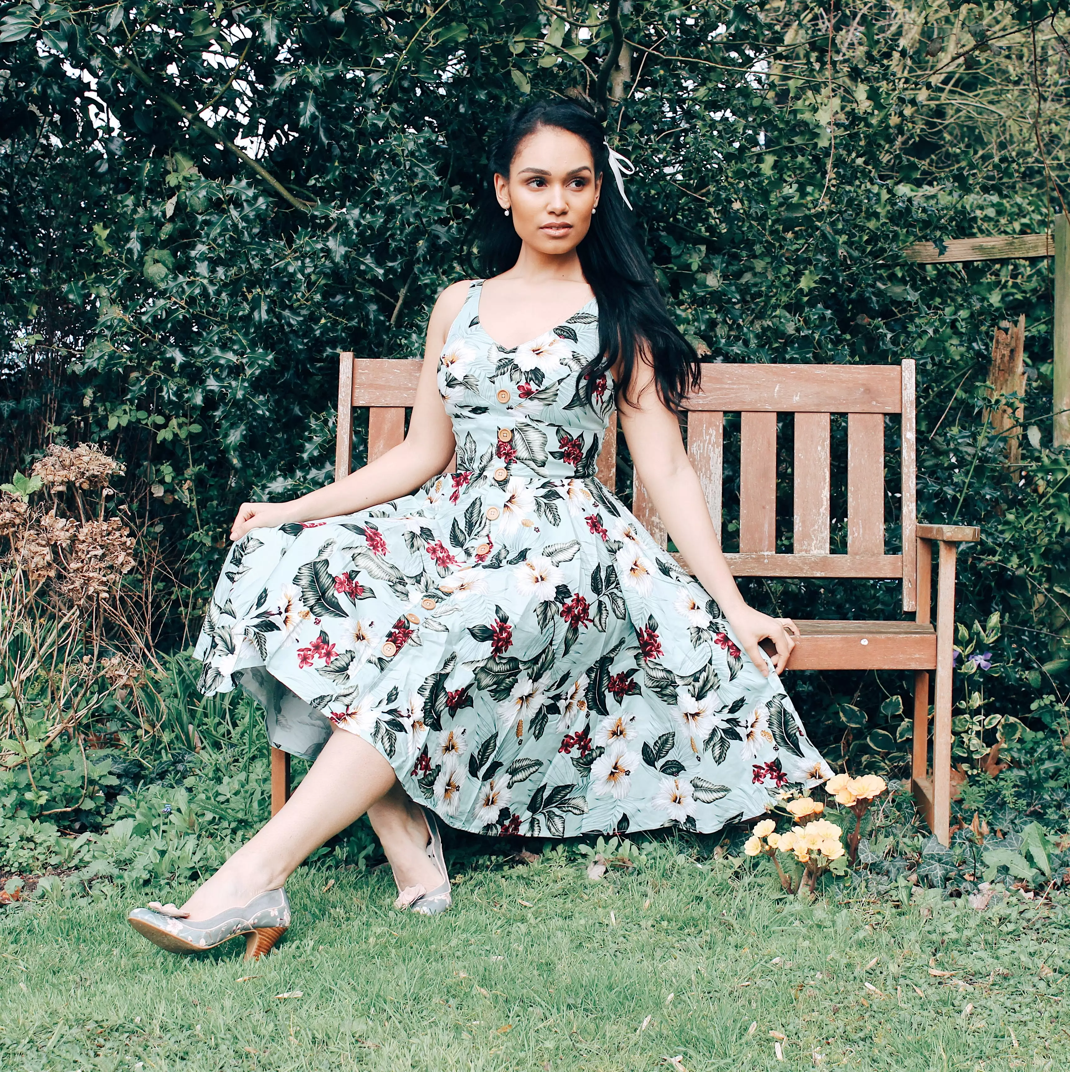 Mint Green Retro Vintage Floral Print Summer 50s Swing Dress