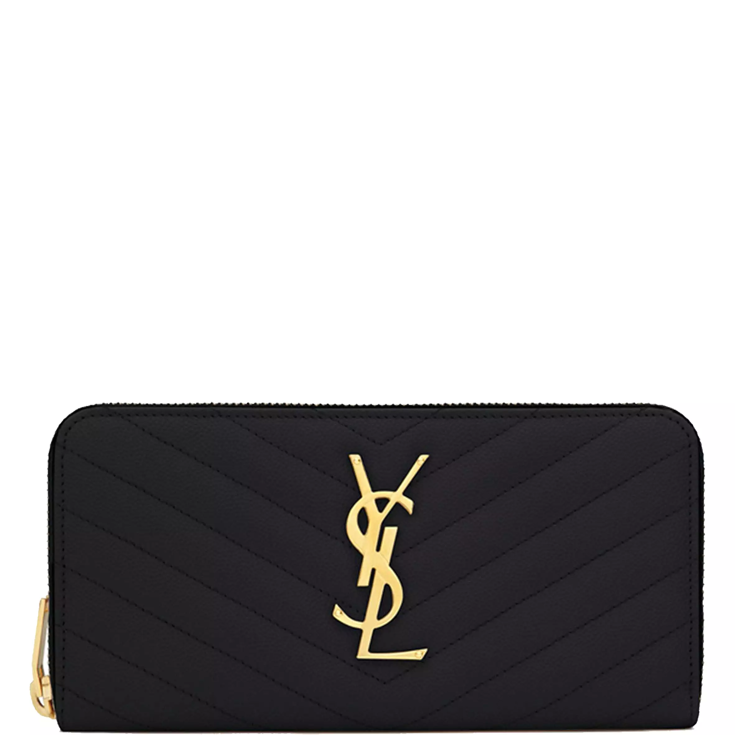 Monogram Chevron Zip Wallet, Black/Gold