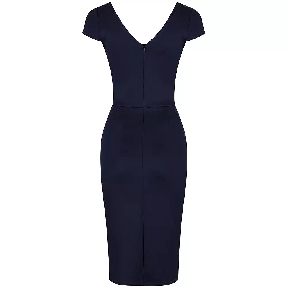 Navy Blue Capped Sleeve Bodycon Wiggle Dress