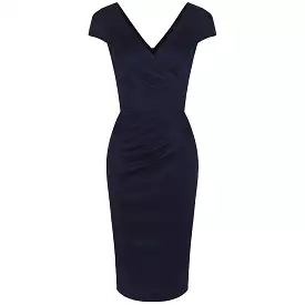 Navy Blue Capped Sleeve Bodycon Wiggle Dress