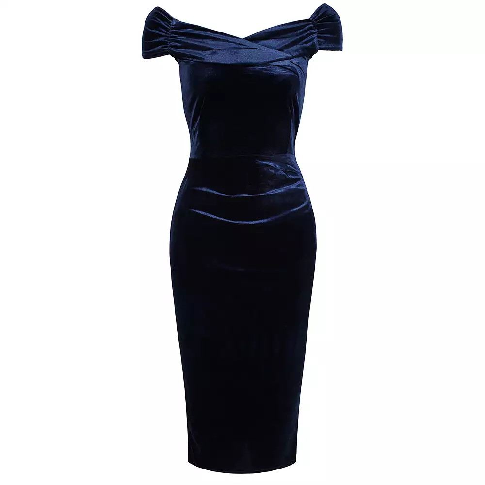 Navy Blue Velour Cap Sleeve Crossover Top Bardot Wiggle Dress