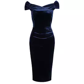 Navy Blue Velour Cap Sleeve Crossover Top Bardot Wiggle Dress