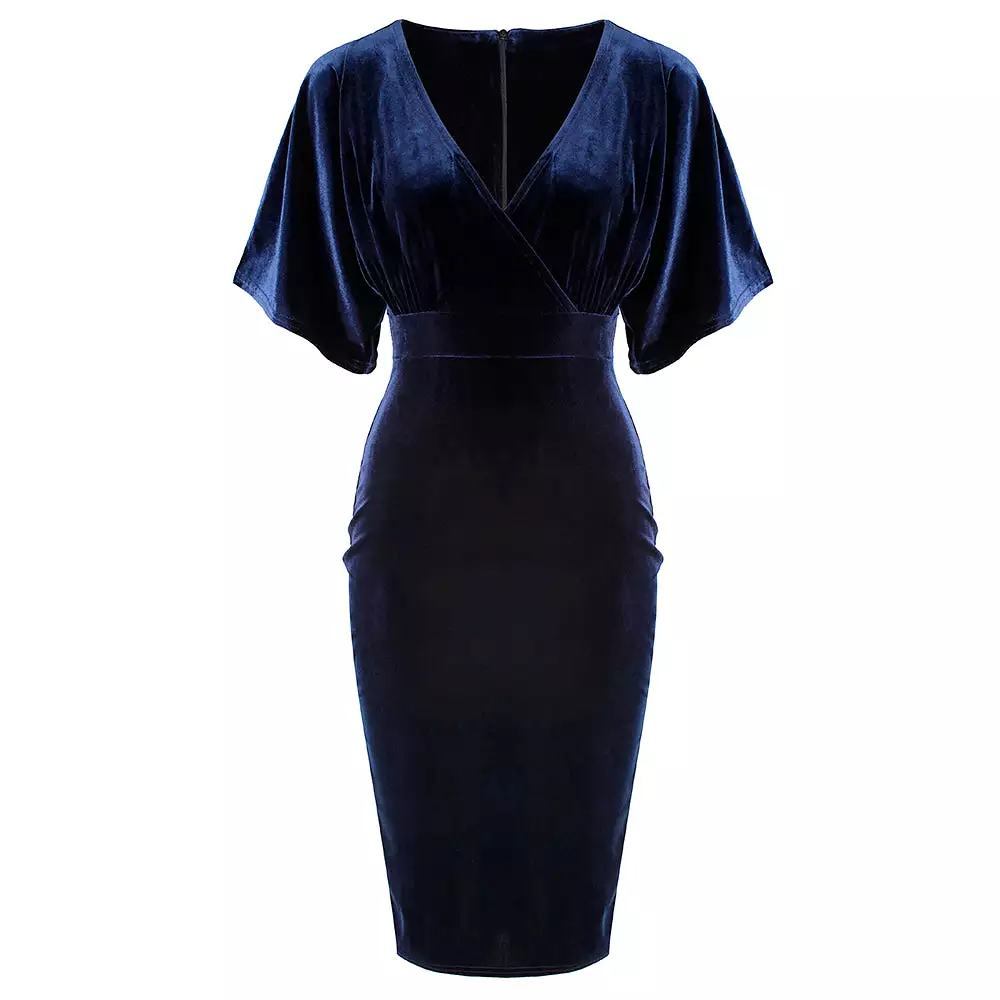 Navy Blue Velour Half Batwing Sleeve Crossover Top Wiggle Dress