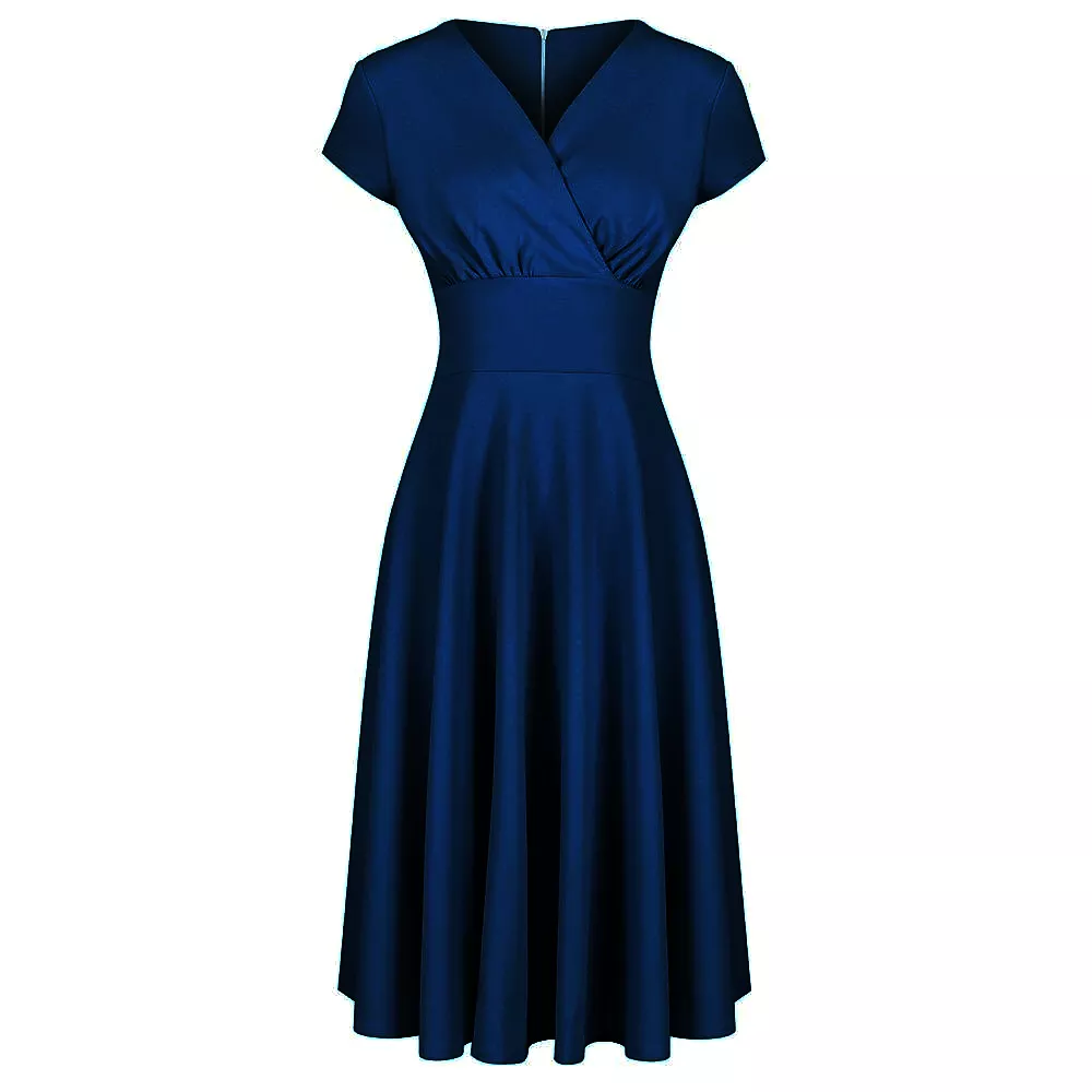 Navy Blue Vintage A Line Crossover Capped Sleeve Tea Swing Dress