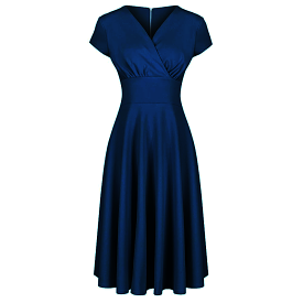 Navy Blue Vintage A Line Crossover Capped Sleeve Tea Swing Dress