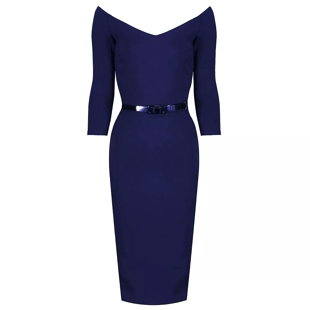 Navy Blue Wide V Neck 3/4 Sleeve Vintage Belted Bodycon Pencil Dress