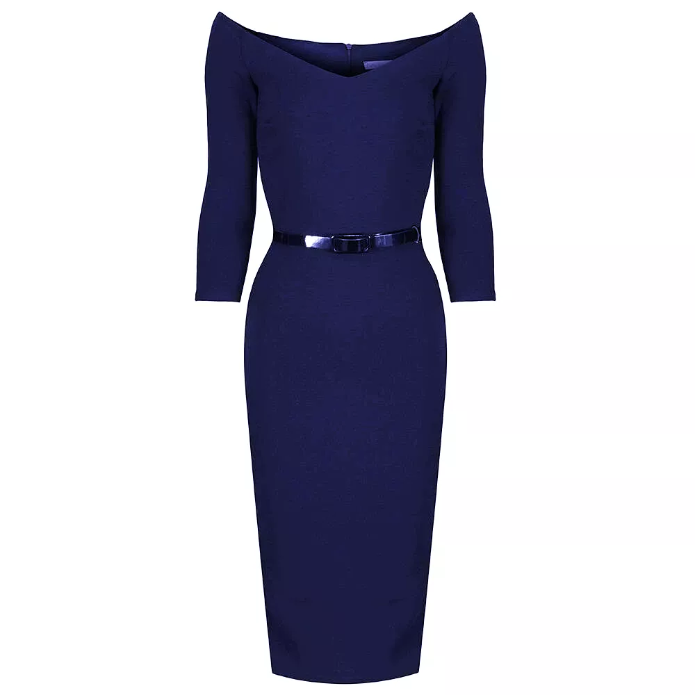 Navy Blue Wide V Neck 3/4 Sleeve Vintage Belted Bodycon Pencil Dress