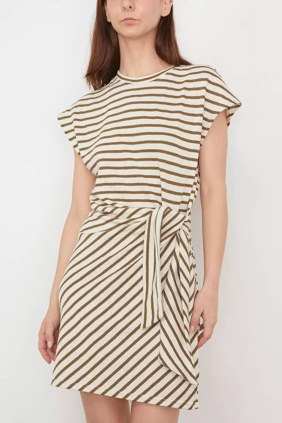 Nina Cinched Mini Dress in Cream and Olive Stripe