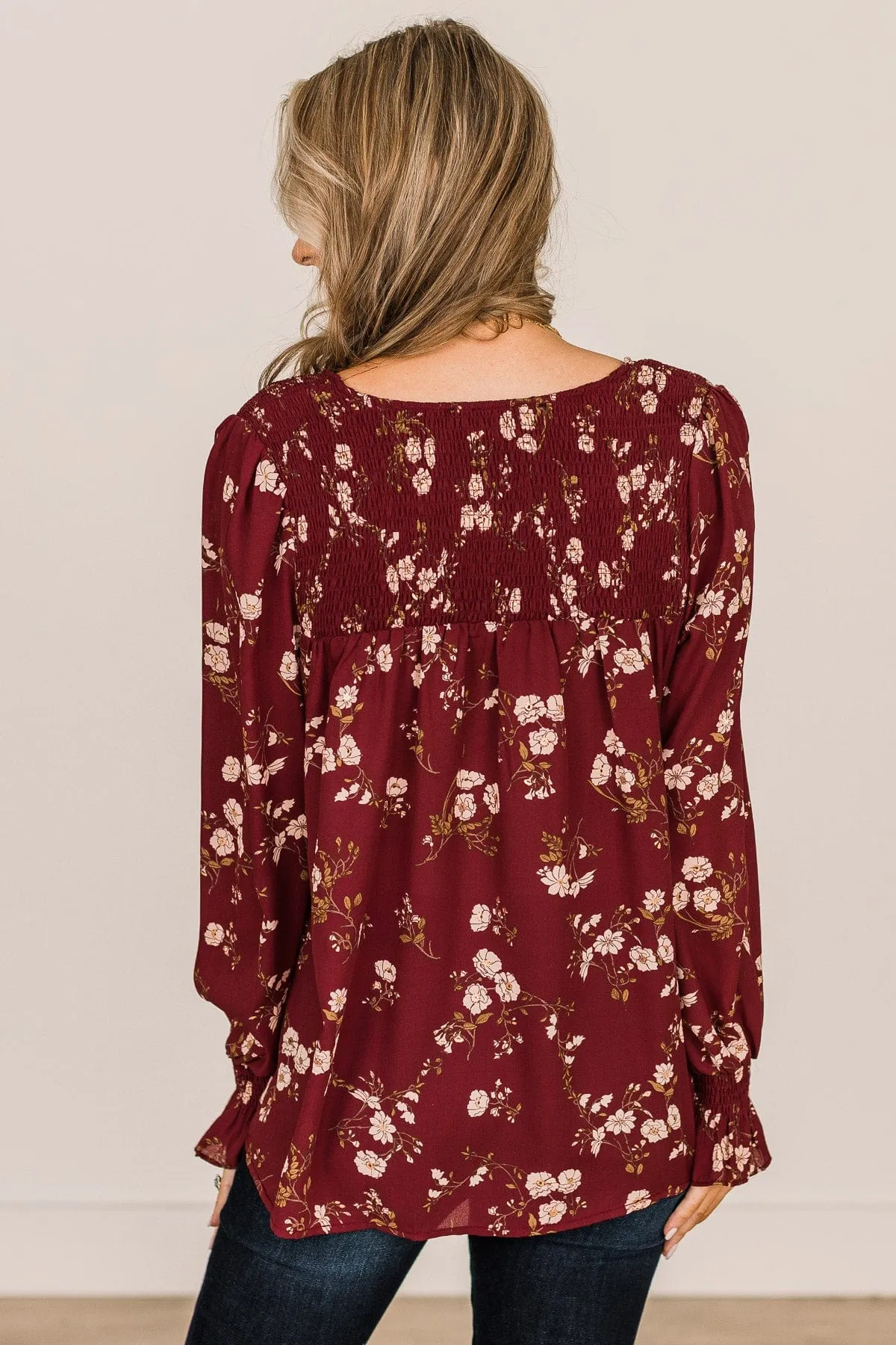 Note To Self Floral Smocked Blouse- Maroon