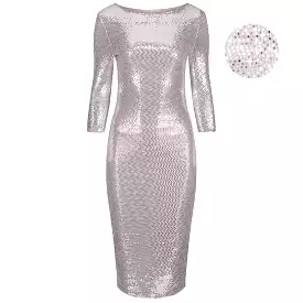 Nude Pink & Silver Sequin 3/4 Sleeve Bodycon Pencil Wiggle Party Dress