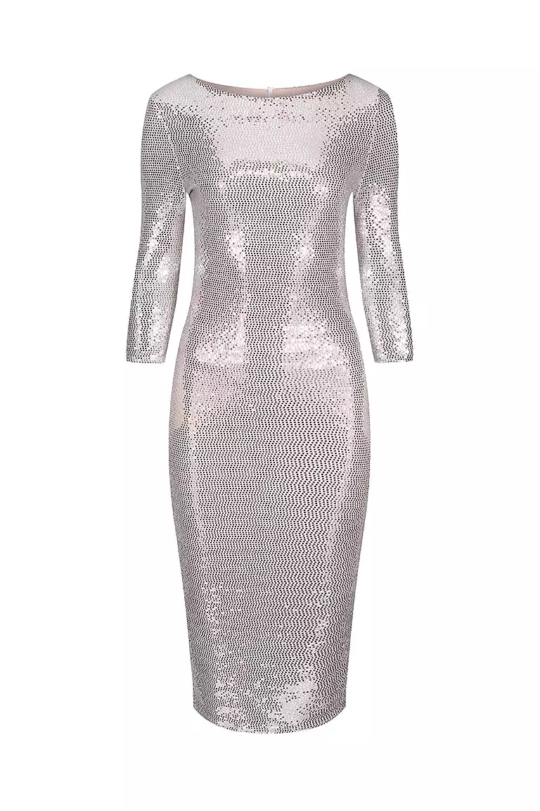 Nude Pink & Silver Sequin 3/4 Sleeve Bodycon Pencil Wiggle Party Dress