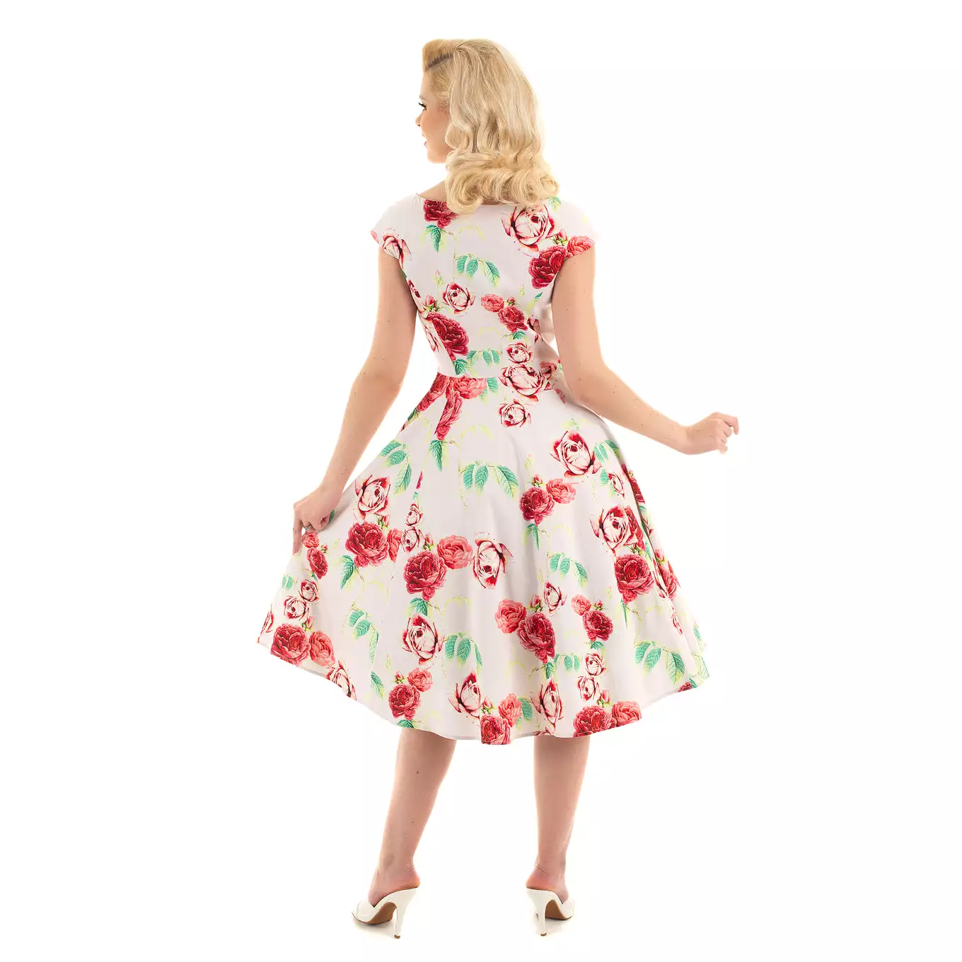 Off White Pink Vintage Floral 50s Summer Swing Dress