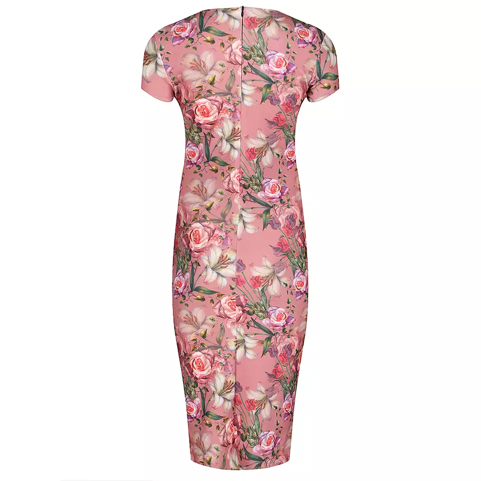 Pale Pink Floral Print Capped Sleeve Wiggle Pencil Dress