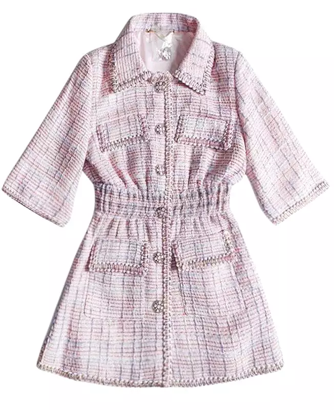 Pink Short Sleeve Tweed Short Dress