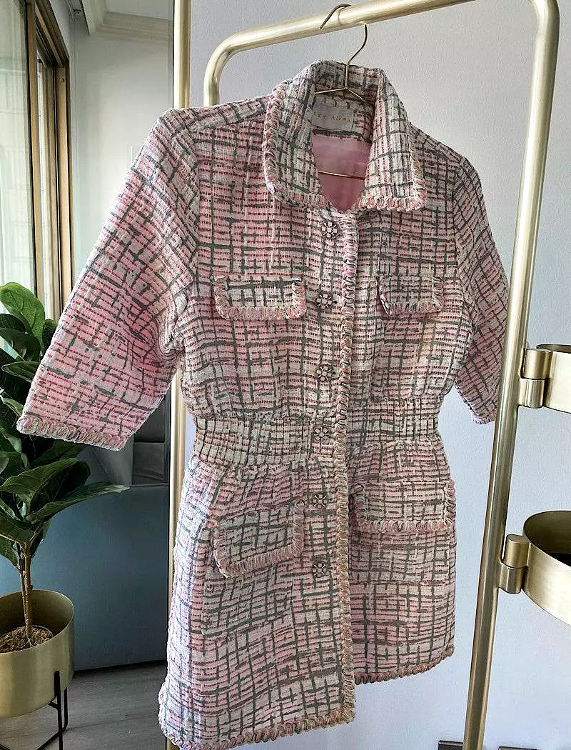 Pink Short Sleeve Tweed Short Dress