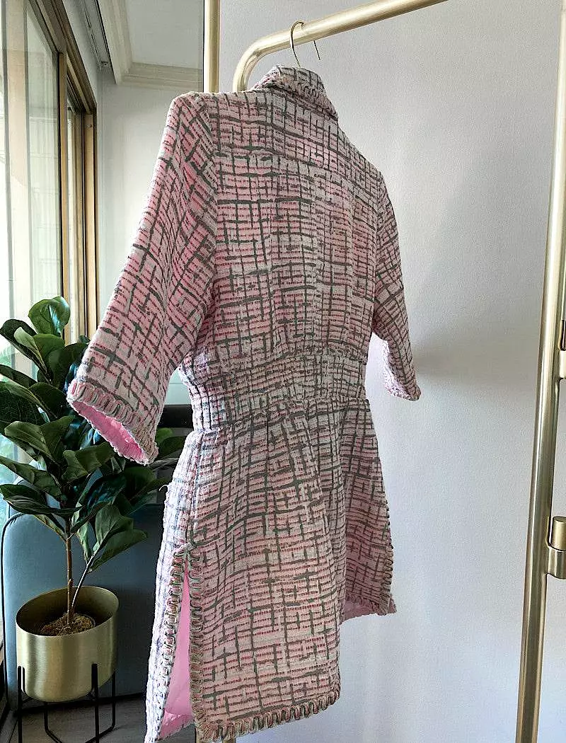 Pink Short Sleeve Tweed Short Dress