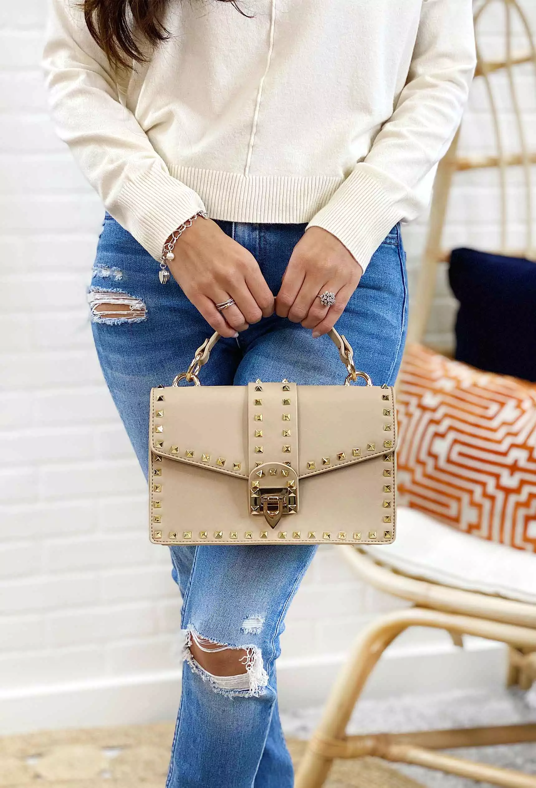 Pointelle Gold Stud Handbag