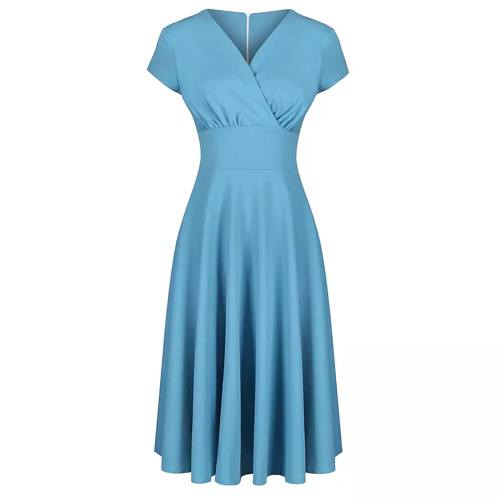 Pretty Blue Vintage A Line Crossover Capped Sleeve Tea Swing Dress