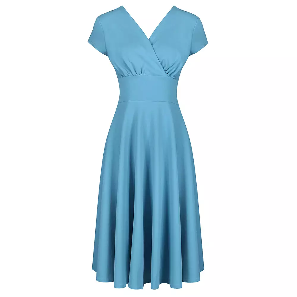 Pretty Blue Vintage A Line Crossover Capped Sleeve Tea Swing Dress