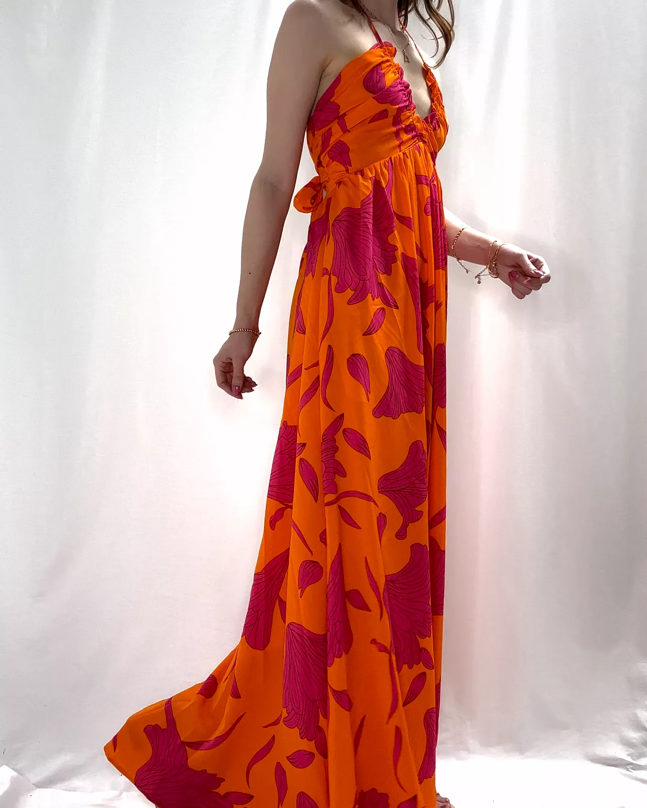 Printed Halter Neck Maxi Dress - Orange